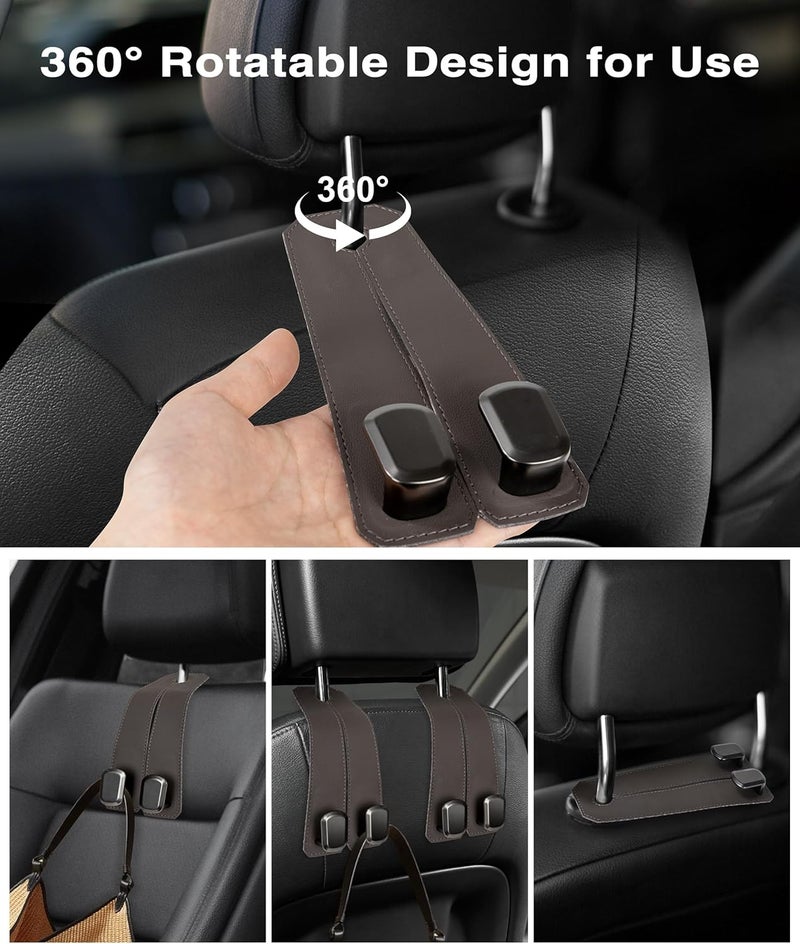 VETERBONE Car Hooks for Purses, 4PCS Car Purse Holder Hook Luxurious Leather 100% Metal Car Hooks for Headrest Multifunctional Car Hangers for Seat Car Seat Back Storage Hook Accessories (Brown) - Image 4